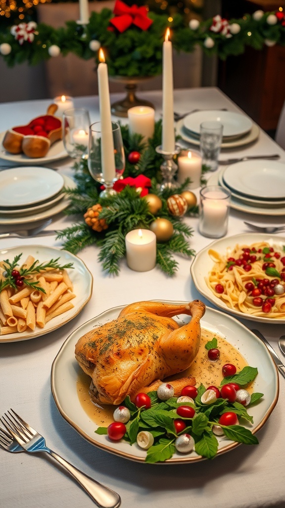 A festive Christmas Eve dinner table with roasted chicken, pasta, and salad.